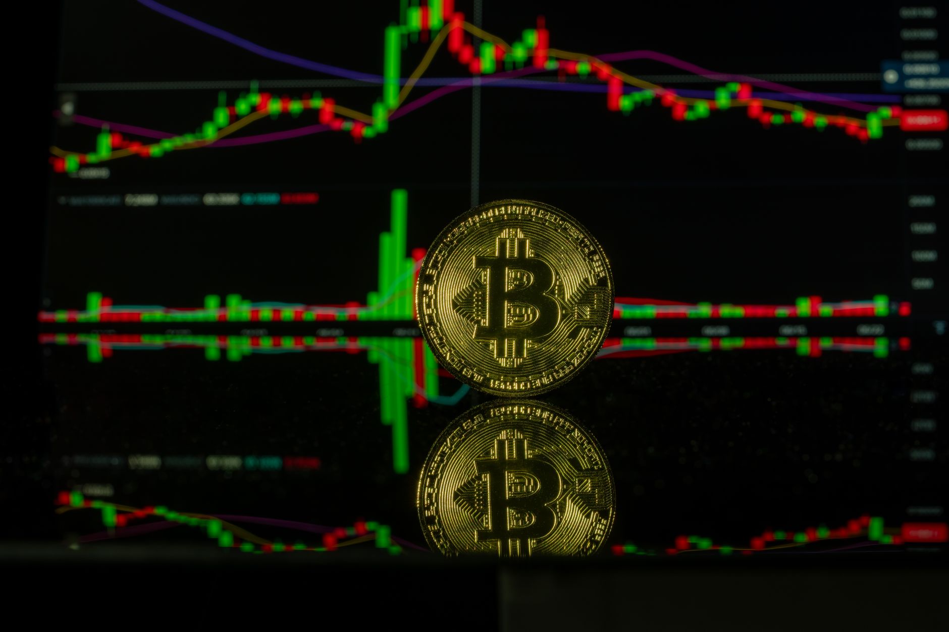 Bitcoin coin against a trading chart background showcasing market trends. Captured in Valencia.