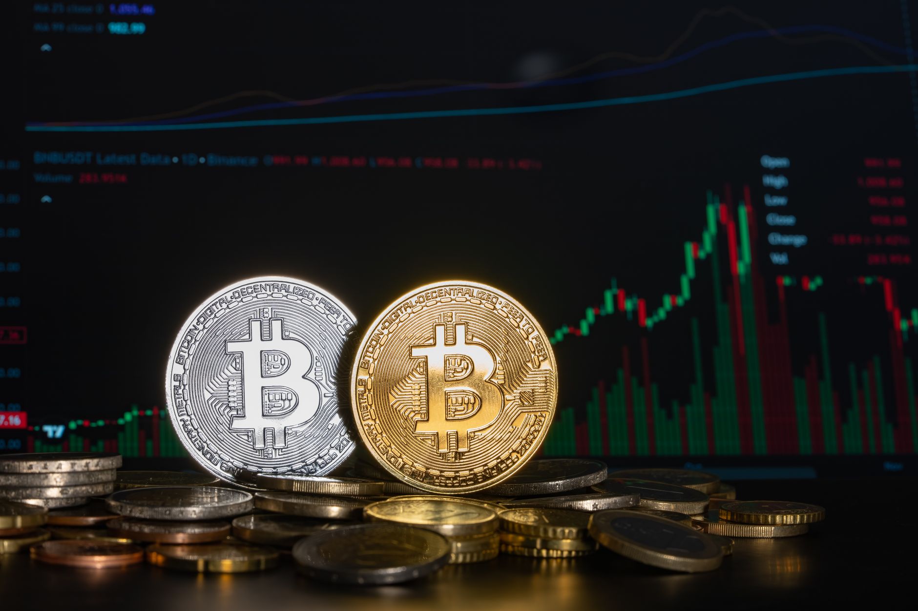 Golden and silver Bitcoin coins against a financial graph display, highlighting cryptocurrency investment trends.