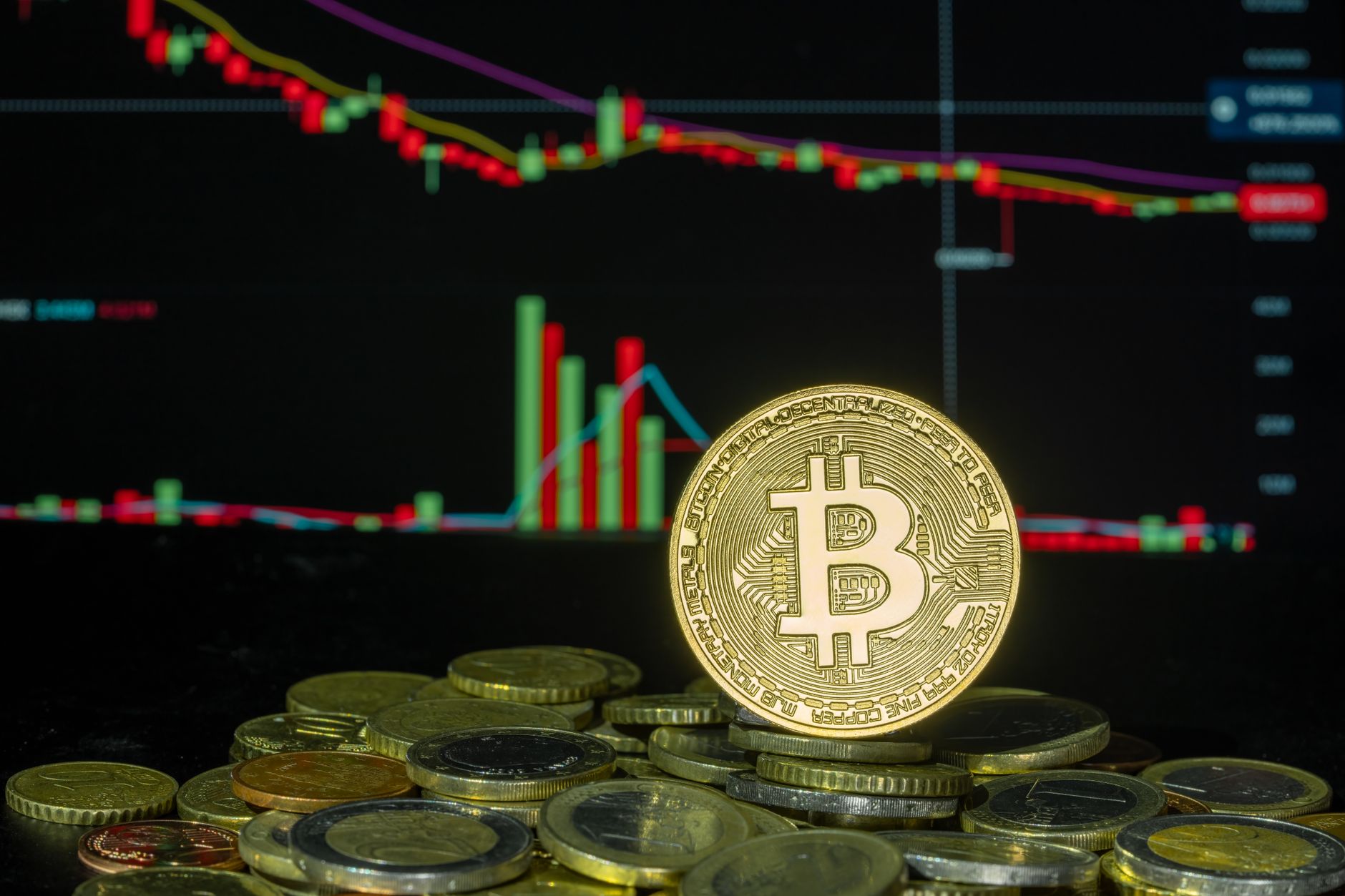 Bitcoin coin among stacked coins against a backdrop of a fluctuating financial market chart.