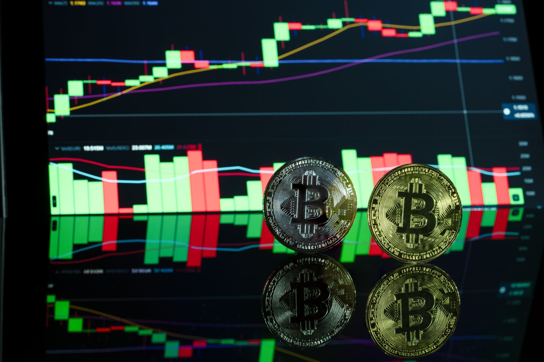 Bitcoin coins in front of a cryptocurrency trading chart showcasing market trends.